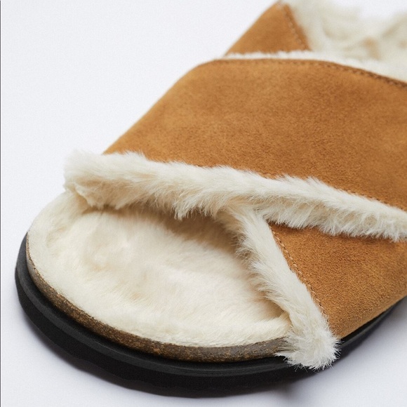 NWT. Zara Natural Color Faux Fur Flat Leather Sandals. Size 6,5. - Picture 3 of 7